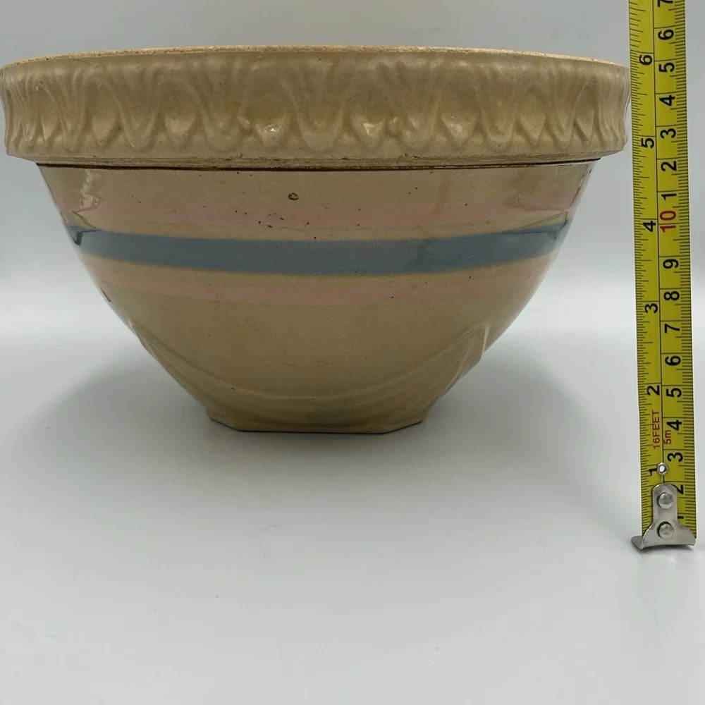 McCoy Yellow Ware Mixing Bowl Pink Blue Stripe Pie‎ Crust Edge 10.5